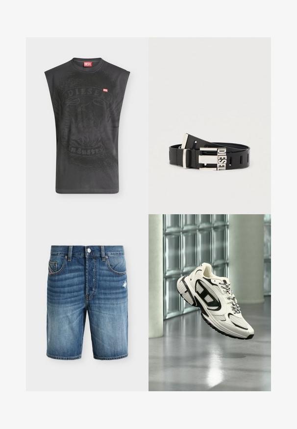 T-shirt noir sans manches Diesel avec un graphisme subtil d'aigle et un petit patch logo Diesel rouge sur la poitrine.; Short en denim bleu avec bouton à l'avant, passants de ceinture, poches latérales et détails discrets délavés et usés sur la cuisse droite.; Baskets athlétiques blanches et noires avec des détails en mesh et des lacets à motifs suspendues en l'air dans un espace intérieur moderne avec des blocs de verre.; Ceinture en cuir noir avec boucle métallique argentée portant le mot "DIESEL." La ceinture comporte plusieurs trous d'ajustement tout au long de sa longueur.
