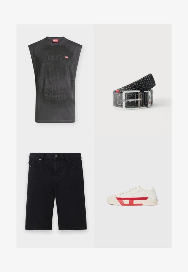 T-shirt noir sans manches Diesel avec un graphisme subtil d'aigle et un petit patch logo Diesel rouge sur la poitrine.; Shorts en denim noir avec une coupe droite, cinq poches, éléments en métal et coutures visibles. Texture douce et design simple.; Baskets en toile avec un dessus blanc, des accents en caoutchouc rouge et un design texturé. Elles présentent une tête arrondie et cinq œillets pour les lacets.; Ceinture noire Diesel avec grand texte logo blanc, boucle rectangulaire en argent, et détail de boucle métallique brandée, enroulée sur un fond clair.