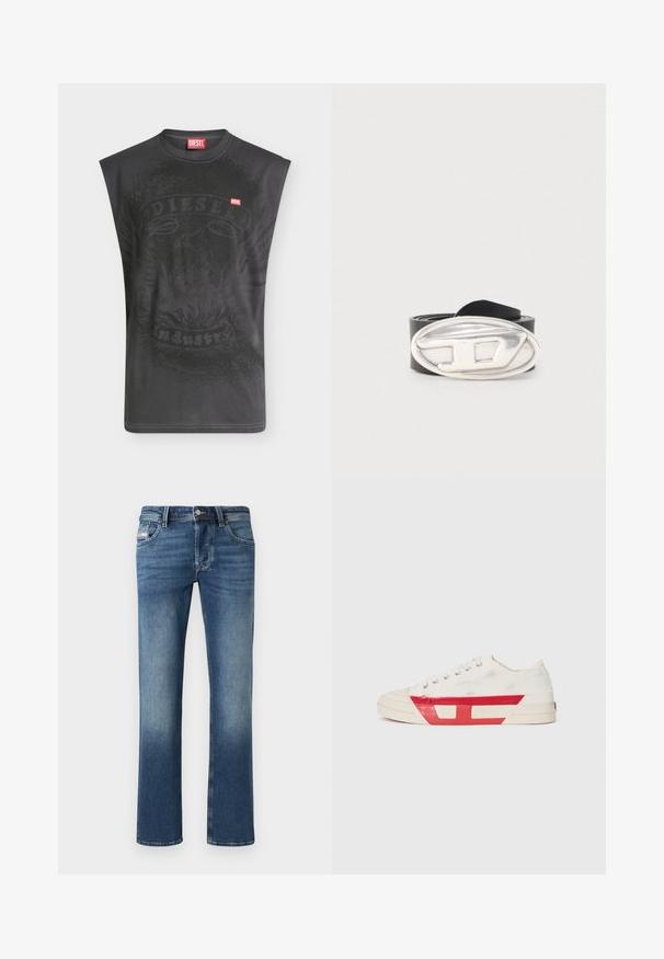 T-shirt noir sans manches Diesel avec un graphisme subtil d'aigle et un petit patch logo Diesel rouge sur la poitrine.; Jeans en denim bleu pour homme, coupe droite, avec des détails décolorés, fermeture à bouton et zip à l'avant, et design à cinq poches.; Baskets en toile avec un dessus blanc, des accents en caoutchouc rouge et un design texturé. Elles présentent une tête arrondie et cinq œillets pour les lacets.; Ceinture en cuir noir roulée avec une grande boucle ovale en argent ornée d'un "D" stylisé en relief.