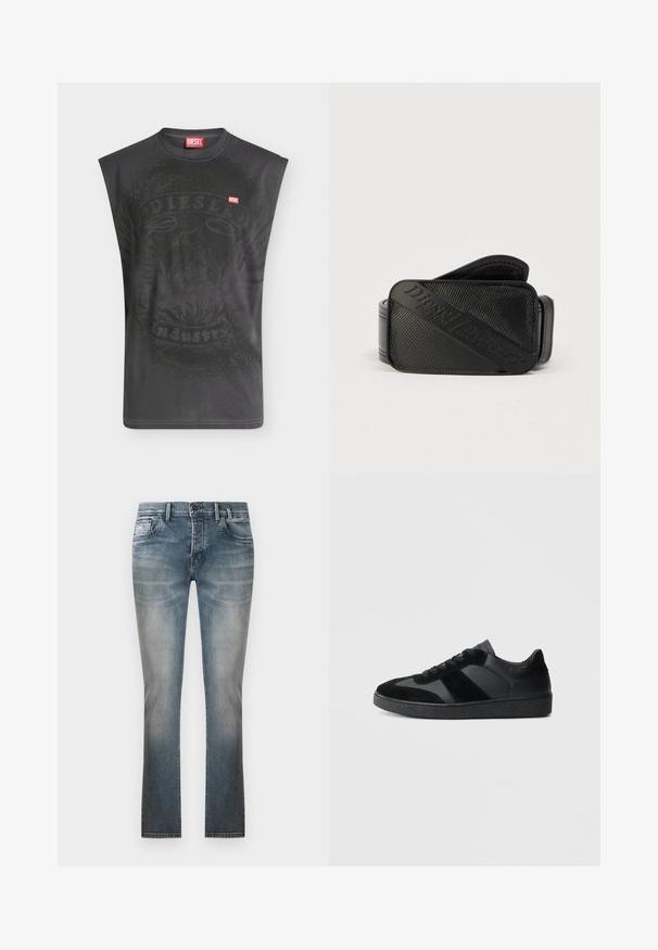 T-shirt noir sans manches Diesel avec un graphisme subtil d'aigle et un petit patch logo Diesel rouge sur la poitrine.; Jean droit bleu délavé avec poches avant, passants pour ceinture et fermeture par bouton, présenté sur un fond blanc uni.; Baskets noires combinant cuir lisse et daim, avec une semelle en caoutchouc noire texturée et un détail de rayures discrètes.; Ceinture noire présentant un design texturé avec un logo en relief bien visible. Le matériau semble lisse avec une finition en cuir.