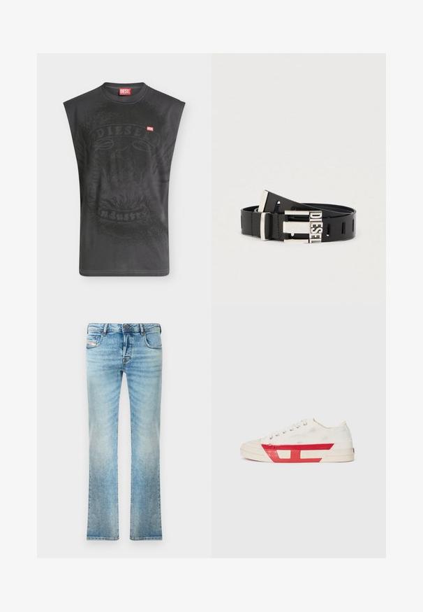 Ärmelloses schwarzes Diesel-T-Shirt mit dezentem Adlermotiv und kleinem roten Diesel-Logo-Patch auf der Brust.; Helleblaue Denim-Jeans mit geradem Schnitt, Fünf-Taschen-Design und leichter Ausbleichung. Mit metallischem Knopf und Reißverschlussverschluss.; Leinensneaker mit weißem Obermaterial, roten Gummidetails und einem strukturierten Design. Verfügt über eine runde Zehenpartie und fünf Ösen für die Schnürsenkel.; Schwarzer Ledergürtel mit silberner Metallschließe, auf der das Wort "DIESEL" zu sehen ist. Der Gürtel verfügt über mehrere Einstelllöcher entlang seiner Länge.