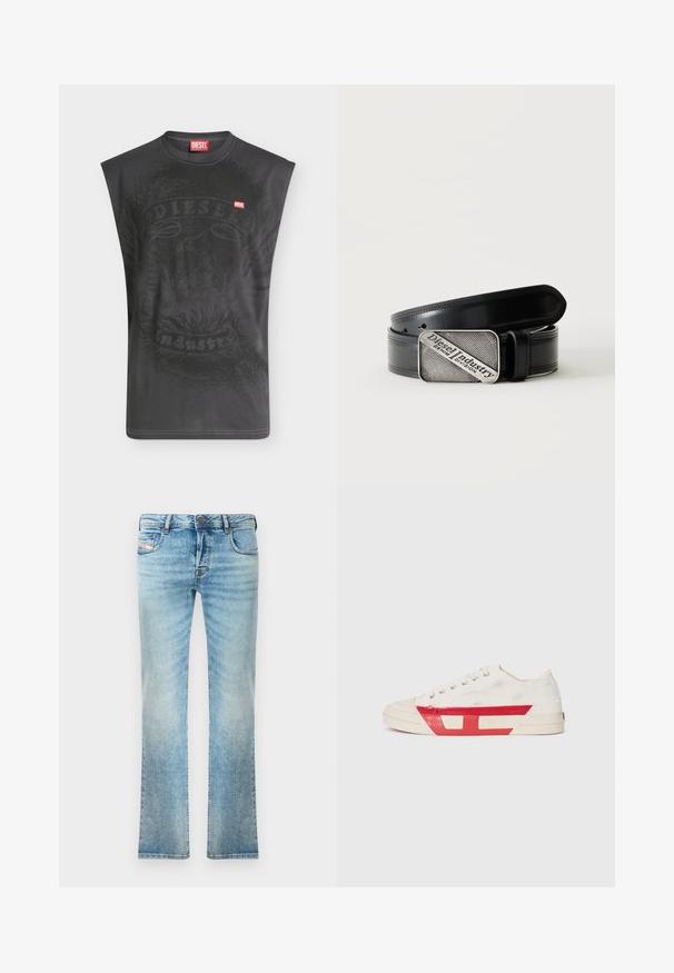 Ærmeløs sort Diesel t-shirt med subtilt ørne-grafik og lille rød Diesel logopatch på brystet.; Lysblå denimjeans med lige ben, femlommesdesign og let slid. Inkluderer metalknap og lynlås lukning.; Lærreds sneakers med en hvid overdel, røde gummidetaljer og et tekstureret design. Har en rund tå og fem huller til snørebånd.; Sort læderbælte med rektangulært sølvspænde med indgraveret teksten "Diesel Industry Denim Division" på en lysstribet baggrund.