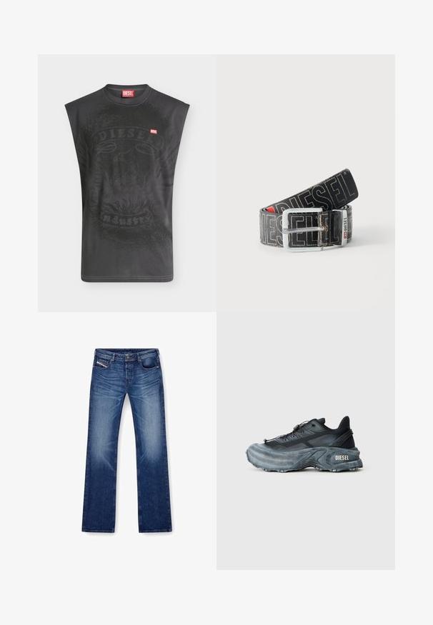 Ärmelloses schwarzes Diesel-T-Shirt mit dezentem Adlermotiv und kleinem roten Diesel-Logo-Patch auf der Brust.; Blaue Jeans aus Denim mit geradem Bein, fünf Taschen und passendem Stich. Der Stoff hat eine glatte Textur mit leichter Ausbleichung.; Schwarz- und graue Diesel-Sneaker mit dicker Sohle, Schnürverschluss und strukturiertem Design auf einem schlichten hellgrauen Hintergrund.; Schwarzer Diesel-Gürtel mit großem weißen Logotext, rechteckiger silberner Schnalle und gebrandetem Metallschlaufen-Detail, aufgewickelt auf hellem Hintergrund.