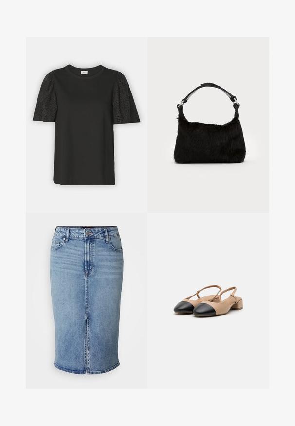JDY JDYRIGA MIX - T-shirt imprimé - black; Jupe crayon en denim bleu clair avec une fente à l'avant, cinq poches et une fermeture à bouton à la taille. Longueur standard, texture lisse.; Chaussures slingback en cuir beige avec un bout capuchon noir, un talon block et une sangle ajustable. Texture lisse et design minimaliste.; Sac à main en fausse fourrure noire avec une texture douce, une forme arrondie et une bandoulière en cuir noir robuste. Accent en métal argenté visible.