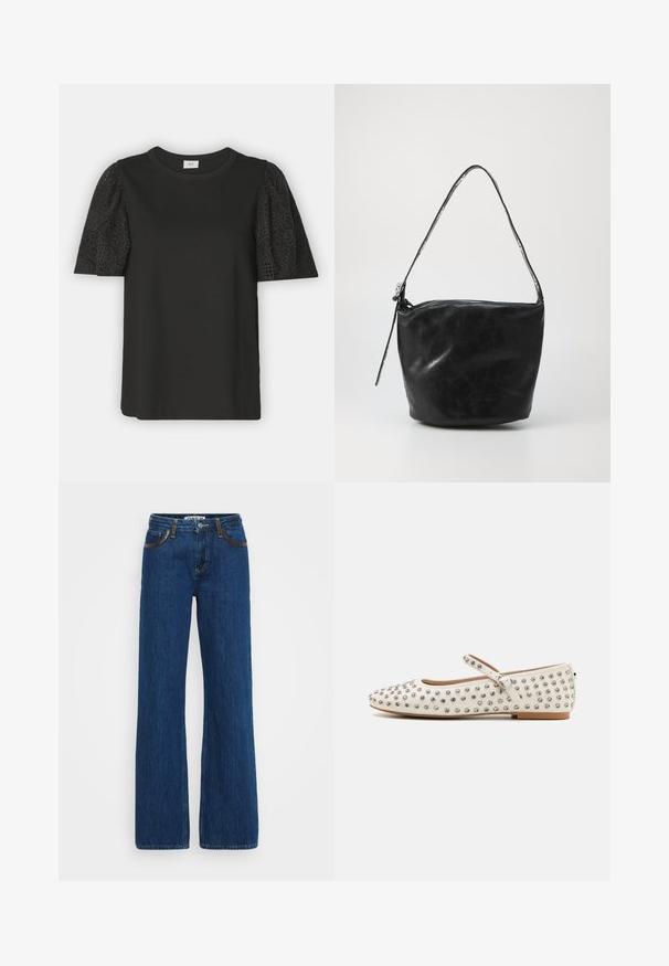 JDY JDYRIGA MIX - Printtipaita - black; Siniset farkut, joissa on leveät lahkeet, kontrastivärinen ompelu, viisi taskua ja vetoketjusulku. Kankaan pinta on pehmeä ja siinä on hieman haalistumista.; Valkoiset tasapohjaiset kengät, joissa on pyöristetty kärki, hopeiset niitit koristeena, koristeellinen hihna jalkapöydän yli ja matala korko.; Musta nahkainen olkalaukku, jossa on sileä pinta, vetoketjukiinnitys ja pitkä, pyöreä kahva. Laukulla on rento, rakenteeton muoto.
