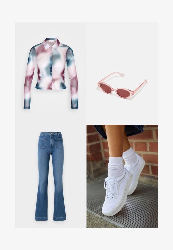 Even&Odd by Zalando Langarmshirt - multi-coloured; Ausgestellte blaue Jeans aus Denim mit normaler Bundhöhe, ausgestattet mit zwei Gesäßtaschen und einer sauberen Saumlinie. Glatte Textur und klassisches Design.; Weiße Leinensneaker mit Gummisohlen, ausgestattet mit sechs Ösen, runder Zehenpartie und dezenten Nähten, kombiniert mit weißen Knöchelsocken.; Pink transparente Sonnenbrille mit ovalen Gläsern, dunkler roter Tönung und schlanken Bügeln, ausgestattet mit einer glatten Oberfläche und dezenten Details am Rahmen.