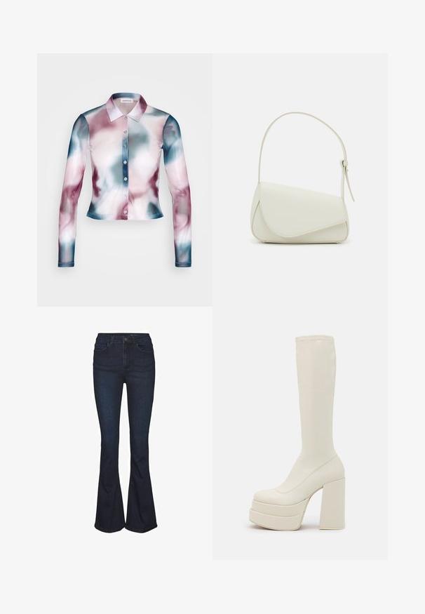 Even&Odd Langærmet T-shirt - multi-coloured; Mørkeblå jeans i denim med vidde og højtaljet, der har fem lommer og diskrete syningdetaljer. Glat tekstur med et klassisk design.; Steve Madden CYPRESS - Plateaustøvler - off white; Hvid taske i faux læder med en struktureret trekantet form, enkelt justerbart skulderstrop og en flaplås med kurver.