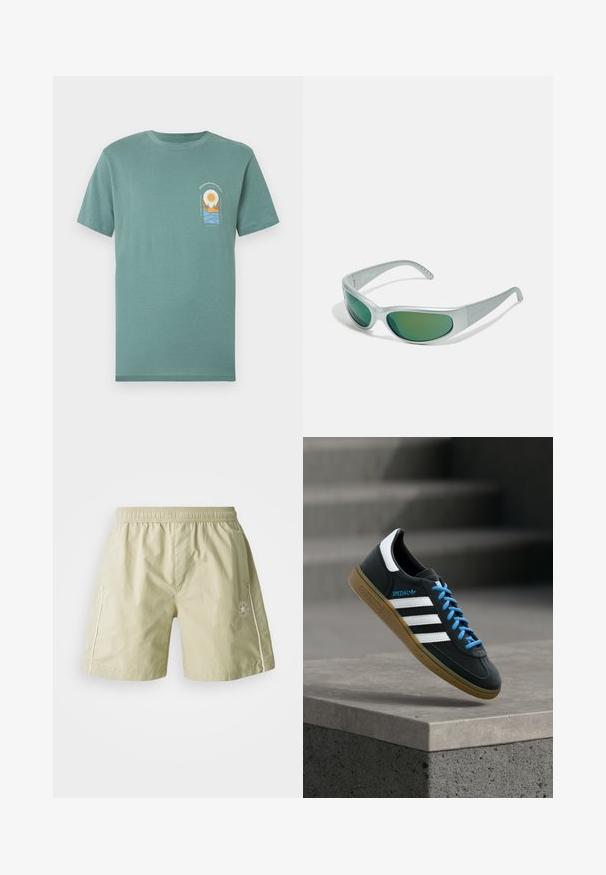 T-shirt vert à manches courtes avec un petit motif de soleil, montagnes et vagues sur le côté gauche de la poitrine, accompagné d'un texte au-dessus et en dessous du motif.; Shorts vert clair en tissu lisse avec une taille élastique, des poches latérales, des accents blancs et un logo sur la jambe gauche.; Baskets Adidas noires avec des rayures blanches, des lacets bleus et une semelle en gomme flottant au-dessus d'une marche en béton grise sous une lumière douce.; Arnette CATFISH - Lunettes de soleil - metallic silver