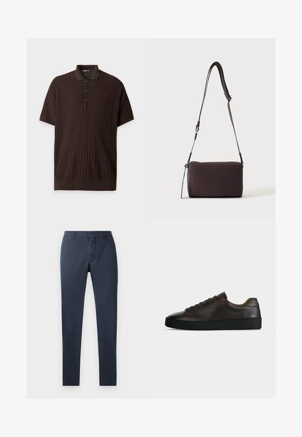 Donkerbruine, gebreide polo met korte mouwen, een gestructureerd chevronpatroon en drie knopen op het voorpand.; Marineblauwe broek met een slim fit, gemaakt van een katoenen mengsel. Voorzien van een standaard tailleband, een voorkeursrits en zijzakken.; Low-profile donkerbruine leren sneaker met zwarte rubberen zool, veters aan de voorkant en een strak minimalistisch design op een lichte achtergrond.; Donkerbruine gestructureerde leren crossbodytas met verstelbare riem en klein decoratief blauw accent aan de zijkant.