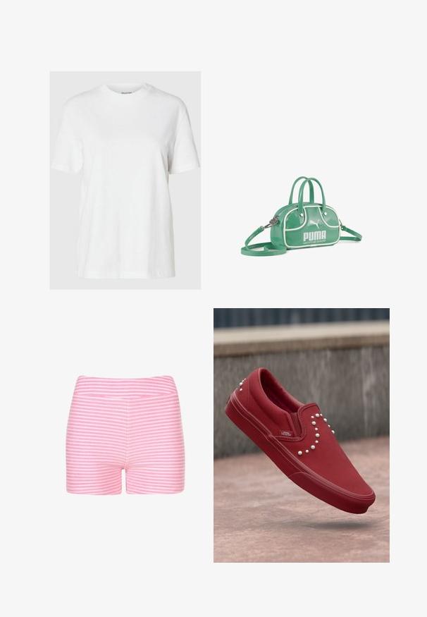 Weißes Baumwoll-T-Shirt mit kurzen Ärmeln und rundem Ausschnitt. Hat eine lockere Passform und ein minimales Design ohne Muster oder Akzente.; Rosa-weiße gestreifte Shorts aus weichem Stoff. Verfügt über ein enges Design und einen glatten Bund ohne zusätzliche Details oder Beschläge.; Rote Canvas Slipper-Sneaker mit runden weißen Nieten, glatter Textur, runder Zehenpartie und Gummisohle. Markenlogo an der Seite.; Kleine grüne Puma-Handtasche mit weißem Rand, zwei Griffen, abnehmbarem Schulterriemen und vorderem Logo mit dem Text "MACHT'S MIT QUALITÄT."