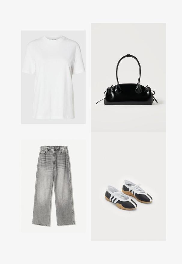 Hvid bomuld t-shirt med korte ærmer og rund halsudskæring. Har en afslappet pasform og et minimalistisk design uden mønstre eller accenter.; VIDEAJEANS i falmet sort denim med høj talje, der har fem lomme design og kontrasterende syning for tekstur.; Sort-hvide sportsko med et slankt design, gummisål, snørebåndslukning og tre hvide striber på siden.; Lille sort blank håndtaske med to lange håndtag og snøre-detaljer i siden på en ensfarvet lys baggrund.