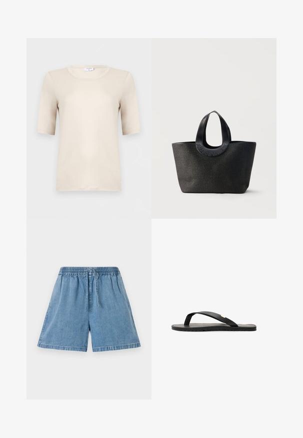 T-shirt crème à manches courtes avec col rond, texture lisse et étiquette de marque visible à l'intérieur du col.; Shorts en denim bleu clair avec une taille élastique et un cordon de serrage. Ils disposent de poches latérales et d'une coupe décontractée avec des ourlets cousus.; Tongs noires avec une semelle plate, une semelle intérieure texturée noire, des sangles lisses et un petit accent doré près du séparateur de orteils.; Sac cabas noir texturé avec de larges poignées arrondies présentant le nom de la marque embossé "Samsøe Samsøe" sur fond neutre.