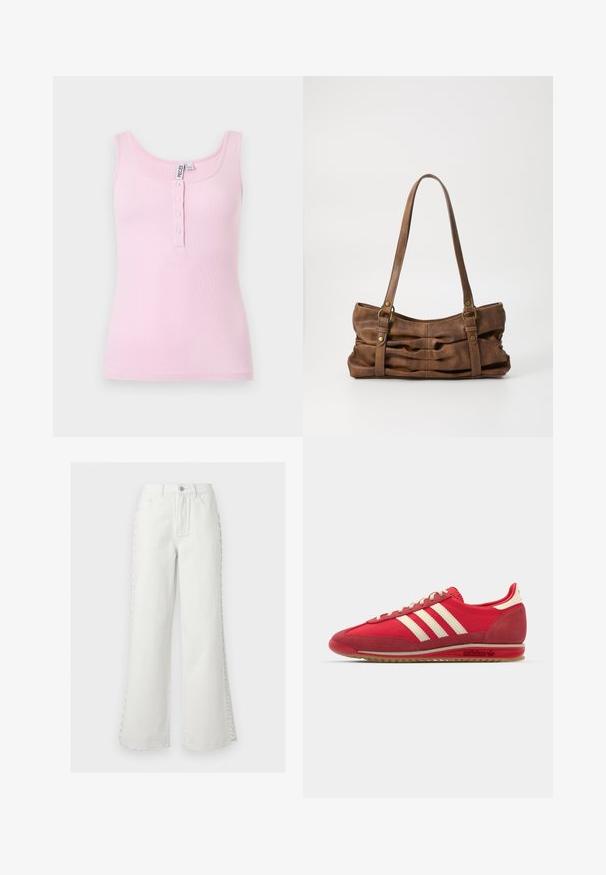 Camiseta sin mangas de canalé en color rosa claro con escote redondo y cuatro pequeños botones centrales en la parte delantera.; Vaqueros blancos de tiro alto y pierna ancha con bolsillos frontales, trabillas para cinturón, cierre con botón y detalle decorativo de cordones laterales en ambas piernas.; Zapatilla deportiva roja con parte superior texturizada, tres rayas blancas, puntera redonda y suela de goma con detalles del logo en el costado.; Even&Odd Bolso de mano - brown
