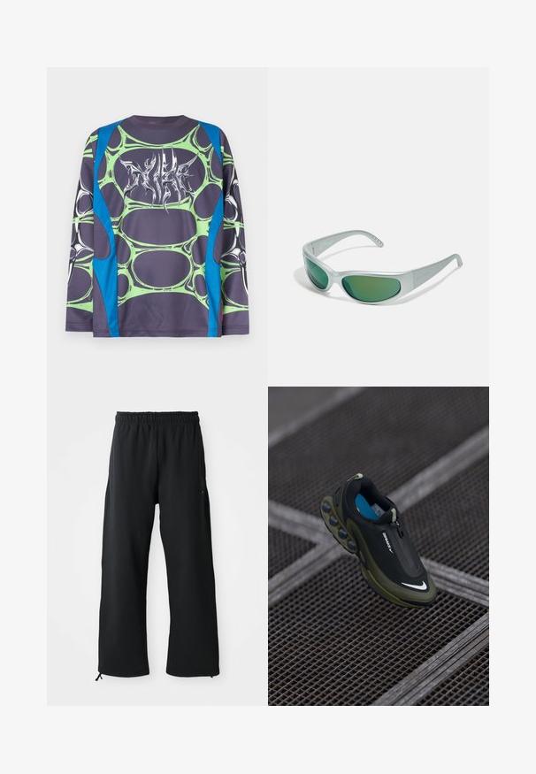 Langarmshirt gemaakt van gladde stof, met een donkergrijze basis, groene bubbelachtige patronen en blauwe accenten. Aan de voorkant een gestileerde witte afbeelding.; Zwarte wijde broek van zachte stof, met een elastische tailleband en een trekkoord, zijzakken en een gladde textuur.; Zwarte en olijfgroene Nike Air Max-schoen met een gladde bovenkant, ritssluiting en onderscheidende luchtkussens op de zool. Blauwe binnenzool zichtbaar.; Arnette CATFISH - Zonnebril - metallic silver