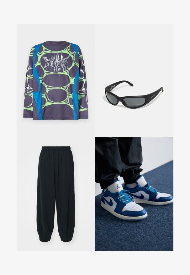 Langärmliges Hemd aus glattem Stoff mit dunkelgrauer Basis, grünen, blasenartigen Mustern und blauen Akzenten. Auf der Vorderseite befindet sich eine stilisierte weiße Grafik.; Schwarze Sweatpants mit elastischem Bund, lockerer Passform, gerippten Beinabschlüssen, glatter Textur und ohne sichtbare Muster oder Hardware-Akzente.; Die Nike Air Jordan Sneakers verfügen über eine weiße Lederbasis mit blauen synthetischen Akzenten, einer perforierten Zehenbox und blauen Schnürsenkeln.; Schwarze Sonnenbrille mit einem geschwungenen Rahmen und dunklen Gläsern. Sie verfügt über eine matte Oberfläche und den Markennamen "ARNETTE" an der Seite.