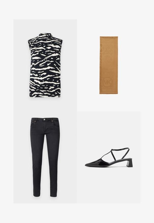Ärmeløs top i sort og hvid zebra-mønster. Har en høj halsudskæring og et glat, tekstureret stof. Afslappet design til alsidig brug.; AG Jeans Jeans Skinny Fit - anthracite black; Sorte patentlæder slingbacksko med spids tå, justerbar rem og firkantet mellemstiletto. Glat tekstur med en glansfuld finish.; Camelbrun rektangulær tørklæde med subtilt vævet Michael Kors-logo mønster og frynsede kanter.