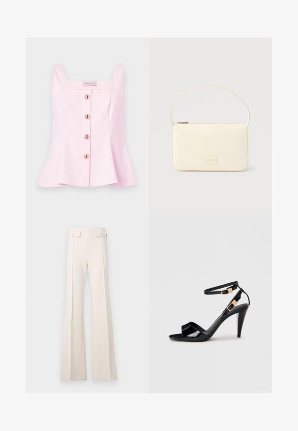 Top rosa claro sin mangas con tirantes anchos, cintura ajustada y cuatro grandes botones redondos en el centro frontal.; Pantalones de cintura alta color crema con piernas anchas, detalle de costura en la parte delantera y bolsillos con solapa y botones en la cinturilla.; Sандalia de tacón alto de charol negro con dobles correas en el tobillo y hebillas doradas, punta abierta y tacón delgado y afilado sobre un fondo neutro.; Bolso rectangular color crema con una sola correa y cremallera superior, con una pequeña placa de logotipo en relieve en el frente.