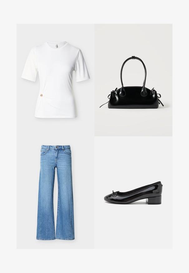 Hvid kortærmet tætsiddende t-shirt med rund halsudskæring og en lille dekorativ gylden ring, der samler stoffet på nederste venstre side.; Lyseblå denimjeans med høj talje, knap- og lynlåslukning, forlommer og vide ben.; Sorte patentlæder balletflade med rund tå, lille blokheel og en dekorativ sløjfe foran. Glat overflade og polstret foring.; Lille sort blank håndtaske med to lange håndtag og snøre-detaljer i siden på en ensfarvet lys baggrund.