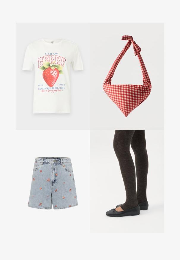 Hvid T-shirt med korte ærmer og stort rødt jordbærmotiv samt tekst, der lyder "STRAW BERRY", "Farm Fresh" og "Handpicked Perfection."; Lysblå denimshorts med rød blomsterbroderi. Har høj talje, frontlommer og lige pasform.; Ben iført mørke ribbede leggings kombineret med sorte balletsko med små sløjfedetaljer på hvid baggrund.; Blød stofskuldertaske med rødt og hvidt ternet mønster, håndtag med bundet knude og trekantet form mod en ensfarvet baggrund.