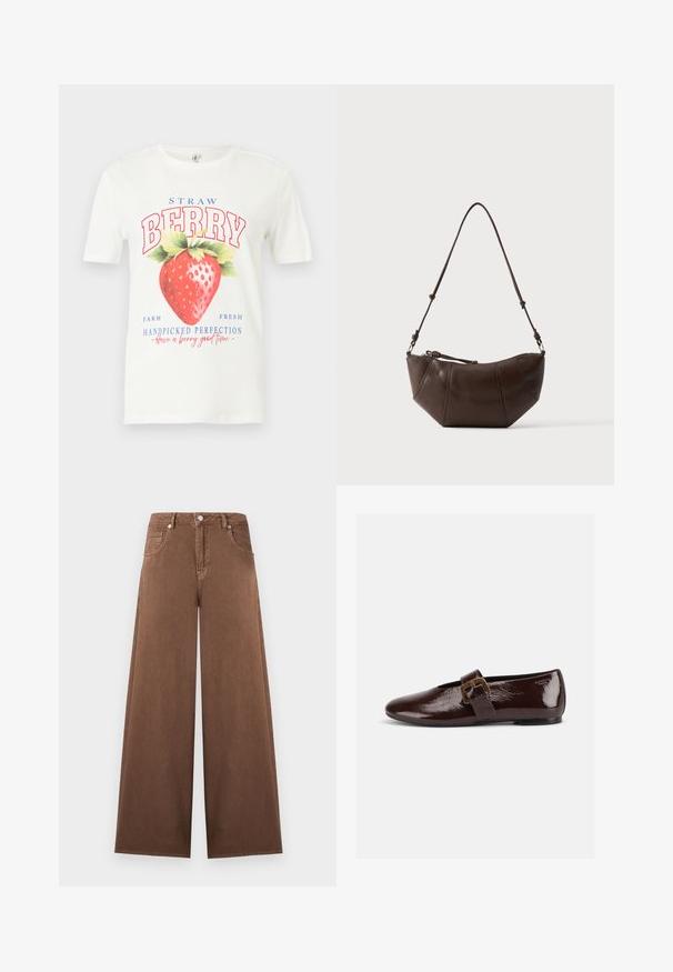 T-shirt blanc à manches courtes avec un grand motif de fraise rouge et le texte « STRAW BERRY », « Farm Fresh » et « Handpicked Perfection ».; Jean en denim marron à jambes larges avec taille haute, fermeture à boutons et fermeture éclair sur le devant, et design à cinq poches.; Chaussure plate en cuir verni marron foncé avec une large bride à boucle dorée et un bout arrondi, présentée de profil sur fond blanc.; Sac à bandoulière en cuir marron avec un fond incurvé et une sangle réglable sur un fond clair uni.