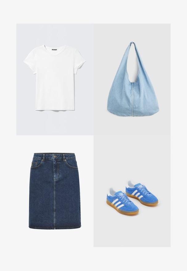 Camiseta blanca lisa de manga corta y cuello en V, con una pequeña etiqueta "WEEKDAY" en el interior del cuello, mostrada sobre un fondo gris claro.; Falda de mezclilla azul oscuro con corte recto, que cuenta con un cierre frontal de botones, trabillas para cinturón y dos bolsillos frontales. Textura suave y costuras visibles.; Zapatillas deportivas azules de ante con acentos de rayas blancas, suela de goma y cuello acolchado para mayor comodidad. Presenta un diseño clásico de cordones.; Bolso de hombro de mezclilla azul claro con una correa ancha y costura central visible, presentado sobre un fondo liso de color gris claro.