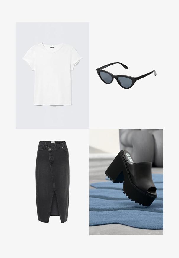 T-shirt blanc uni à manches courtes avec col en V et une petite étiquette "WEEKDAY" à l'intérieur du col, présenté sur un fond gris clair.; Jupe midi en denim noir avec une fente frontale, une coupe structurée et un design classique à cinq poches. Elle a une fermeture à bouton et à zip.; Mule plateforme noire à bout ouvert avec semelle épaisse à crampons reposant sur un tapis bleu texturé à l'intérieur, près d'un fauteuil gris.; Lunettes de soleil noires en forme d'œil de chat avec des verres gris foncé, monture en plastique élégante, coins pointus et branches droites. Pas de métal visible ni d'accents.