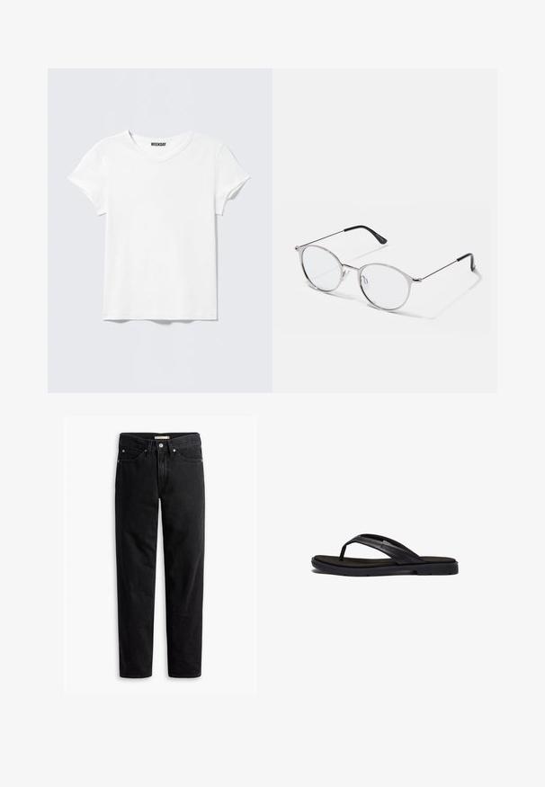 Schlichtes weißes T-Shirt mit kurzen Ärmeln und V-Ausschnitt, mit einem kleinen "WEEKDAY"-Etikett innen am Kragen, auf einem hellgrauen Hintergrund dargestellt.; Schwarze gerade Jeans mit Knopf- und Reißverschluss, Gürtelschlaufen sowie Vorder- und Gesäßtaschen, auf weißem Hintergrund flach präsentiert.; Schwarze Flip-Flops mit einer weich strukturierten Gummisohle und eleganten synthetischen Riemen. Das Design umfasst minimale Hardware und ein niedriges Profil.; Metallisch silberne Brille mit runden Gläsern und einem dünnen Rahmen. Schwarze Bügelspitzen bieten einen Kontrast. Verstellbare Nasenpolster sind inkludiert.