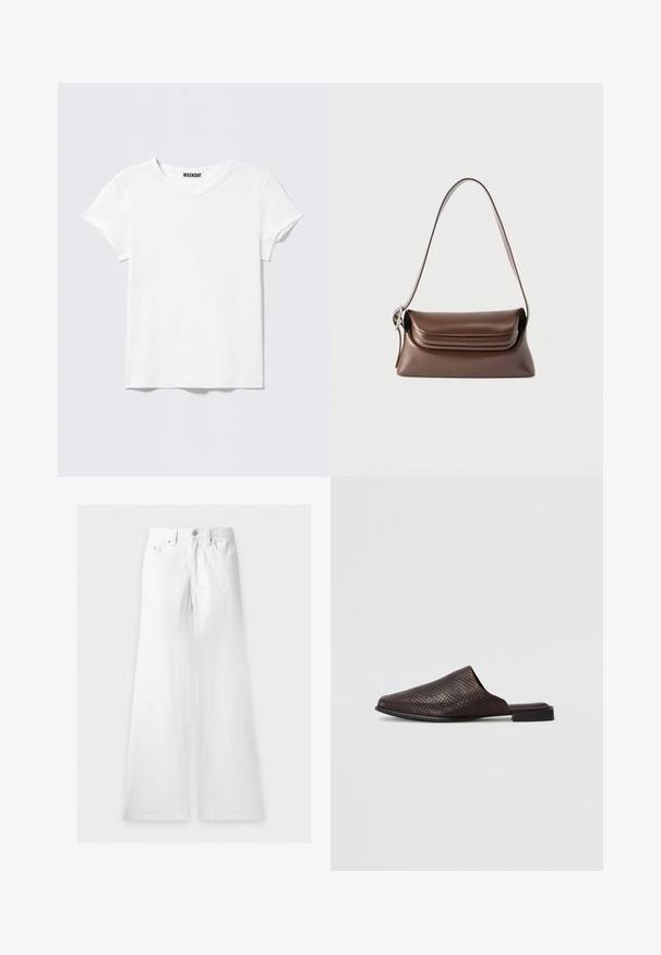 Camiseta blanca lisa de manga corta y cuello en V, con una pequeña etiqueta "WEEKDAY" en el interior del cuello, mostrada sobre un fondo gris claro.; Vaqueros blancos de talle alto con pierna ancha, presillas para cinturón, botón delantero, cremallera y dos bolsillos delanteros, colocados planos sobre fondo blanco.; Mule negro sin cierres hecho de material texturizado con un patrón de reptil, que presenta un tacón bajo y plano y un diseño de punta redondeada y abierta.; Bolso de cuero marrón para hombro con una hebilla plateada en la correa y cierre de solapa plegable, mostrado sobre un fondo blanco.