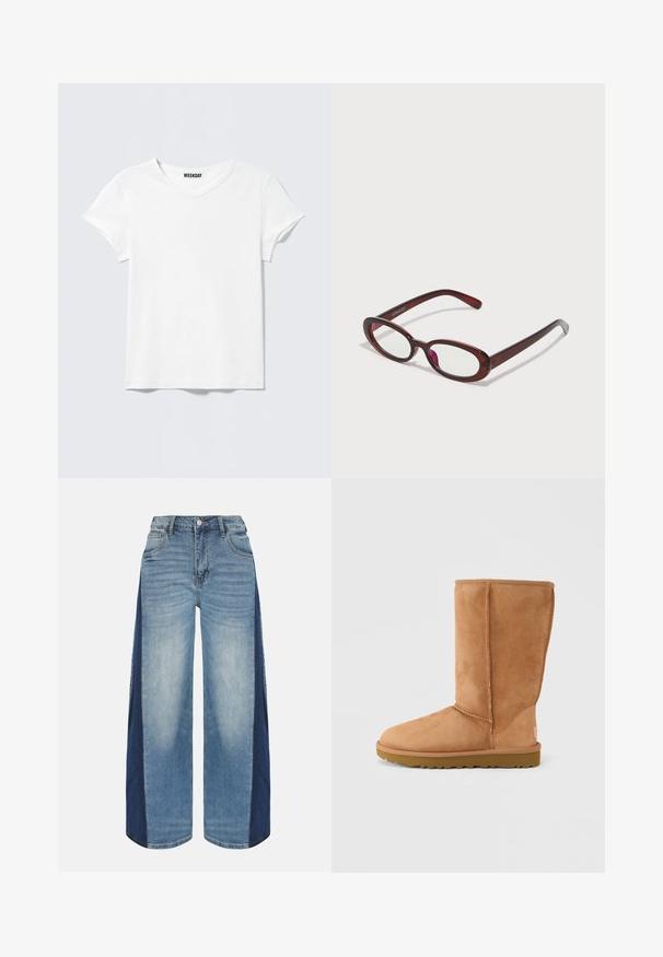 Enkelt hvid T-shirt med korte ærmer og V-hals, med et lille "WEEKDAY" mærke indeni kraven, vist mod en lysegrå baggrund.; Vidbenede denimjeans med lyse frontpaneler og mørkere sidepaneler, forreste knap, lynlåslukning og forlommer.; Lysebrun ruskindsstøvle med mellemhøj skaft, tyk sål og synlige syninger, vist fra ydersiden mod en ensfarvet baggrund.; Ovale røde solbriller med klare linser og slanke brune stel. Designet har subtile kurver og minimalt hardware.