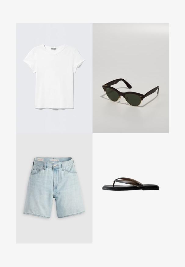 Camiseta blanca lisa de manga corta y cuello en V, con una pequeña etiqueta "WEEKDAY" en el interior del cuello, mostrada sobre un fondo gris claro.; Shorts de mezclilla de lavado claro, de cintura alta, con un diseño de cinco bolsillos, cierre de botón y cremallera plateados, con dobladillo deshilachado y un ligero desgastado.; Sandalia tipo chancla negra con dos elegantes tiras de color marrón oscuro. Suela plana, textura suave, diseño minimalista, ideal para uso casual.; Gafas de sol carey con lentes verdes, forma vintage, finos detalles en dorado y un diseño de marco elegante.