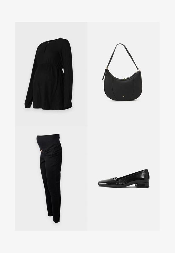 Zwarte zwangerschapsblouse met lange mouwen, geribbelde textuur, elastische tailleband en een ronde hals met een kleine sleutelgatdetail aan de voorkant.; Zwarte zwangerschapsjeans met een rekbare tailleband over de buik, slim fit, enkelritsen en een klassieke vijf-pocketontwerp. Zachte denim structuur.; Zwarte laarzen van gepatenteerd leer met een puntige neus, een lage vierkante hak en een kleine metalen gespdetail op de band. Gladde textuur.; Zwarte leren handtas met een gebogen vorm, textuuroppervlak, voornaden en een logo in goudkleur. Beschikt over een enkele verstelbare schouderband.