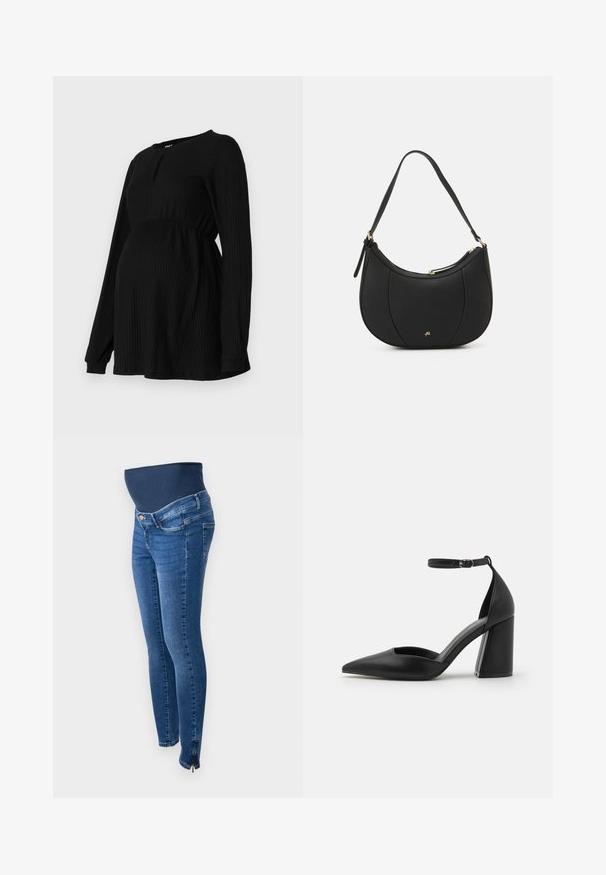 Zwarte zwangerschapsblouse met lange mouwen, geribbelde textuur, elastische tailleband en een ronde hals met een kleine sleutelgatdetail aan de voorkant.; Zwangerschapsjeans in donkerblauwe denim. Slim fit met een rekbare, ondersteunende buikband. Voorzien van zijritsen bij de enkel.; Zwarte laars met hoge hakken, gemaakt van soepel leer, met een spitse neus, uitsneden aan de zijkanten en een verstelbare enkelband met een blokhak.; Zwarte leren handtas met een gebogen vorm, textuuroppervlak, voornaden en een logo in goudkleur. Beschikt over een enkele verstelbare schouderband.