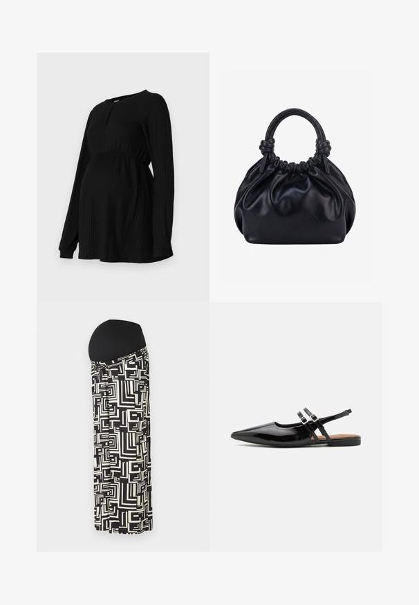 Haut de maternité noir avec manches longues, texture côtelée, taille élastique et col rond avec un petit détail en forme de clé devant.; Jupe maxi de maternité en noir et blanc avec des motifs géométriques, dotée d'une taille élastique pour le confort et l'élasticité.; Des chaussures slingbacks en cuir verni noir présentent un bout pointu, deux sangles avec des accents de boucle, et une semelle plate.; Sac à main en cuir noir souple avec le dessus froncé et deux grosses poignées nouées sur un fond uni clair.
