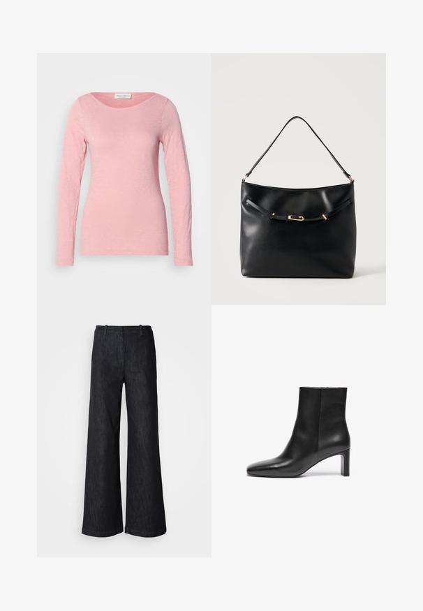 T-shirt à manches longues, col rond, en rose clair, fabriqué en tissu léger et texturé. Fini doux avec un ajustement décontracté et sans embellissements visibles.; Pantalon en denim noir à jambes larges avec une finition texturée, doté de passants pour ceinture et d'un ourlet net. Design classique, adapté à diverses occasions.; Bottine en cuir noir avec un bout pointu, un talon effilé et une texture lisse ; elle dispose d'une fermeture éclair sur le côté.; Sac à épaule en cuir noir avec une bandoulière unique et un petit détail de boucle dorée à l'avant, sur un fond clair uni.