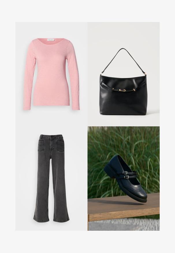 Langærmet T-shirt med rund hals i lyserød, lavet af let, struktureret stof. Blød overflade med en afslappet pasform og ingen synlige dekorationer.; Høj talje, brede ben sorte jeans lavet af denim, med knaplukning, bæltestropper og to baglommer med syninger.; Sort læder Mary Jane-sko med dobbelte spænder og brogue-detaljer, der svæver over en træbænk med grøn græsbaggrund.; Sort skuldertaske i læder med en enkel strop og en lille guldlåsdetalje foran mod en ensfarvet lys baggrund.