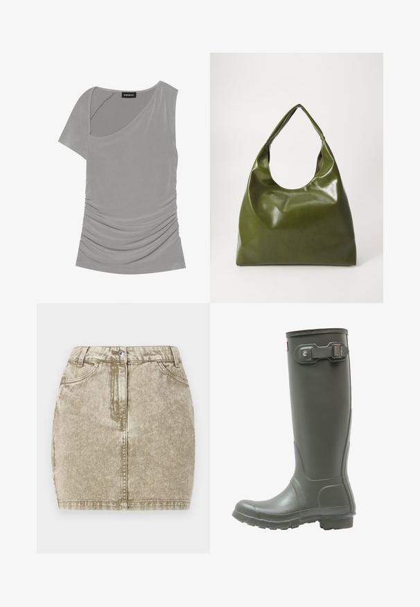 Grå kortærmet top med asymmetrisk design, samlet tekstur på siden og rund halsudskæring. Fremstillet af blødt, strækbart materiale.; Khaki denimnederdel med en tekstureret overflade, fem lommer, knaplukning foran og sydekoration langs kanterne.; Grønne gummistøvler i knæhøjde med en tekstureret sål, rund tå, justerbar spænde på siden og glat finish.; Grøn læder hobo taske med en slouchy design, buet håndtag og glat tekstur. Indeholder ingen synlig hardware eller accenter.