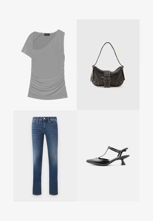 Grå kortærmet top med asymmetrisk design, samlet tekstur på siden og rund halsudskæring. Fremstillet af blødt, strækbart materiale.; Mørkeblå denim jeans med lige ben, mid-rise talje, forlommer og klassisk syning. Har en metalknap og lynlåslukning.; Sort patentlæder sko med lav hæl, spids tå, T-rem og justerbar spænde lukning på hvid baggrund.; Sort læder skuldertaske med spænde på remmen, afrundede kanter og kontrasterende hvide syninger på en ensfarvet baggrund.