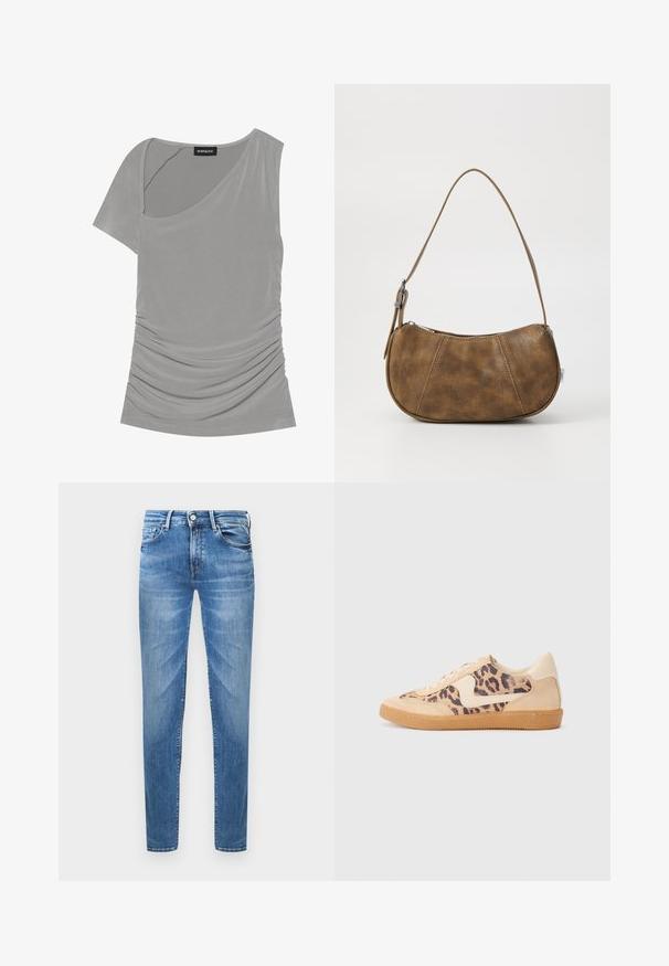 Grå kortærmet top med asymmetrisk design, samlet tekstur på siden og rund halsudskæring. Fremstillet af blødt, strækbart materiale.; Lyseblå denimjeans med slim fit. Funktioner inkluderer en knaplukning, fem lommer og en slidseffekt på lårene.; Leopardprint sneakers med beige ruskindsoverdel, tan gummisål og hvide detaljer. Rund pegefinger og snørebåndsdesign med en tekstureret finish.; Brun faux læder skuldertaske med en buet form, en enkelt strop, kontrasterende syninger og en lynlåslukning langs den øverste kant.