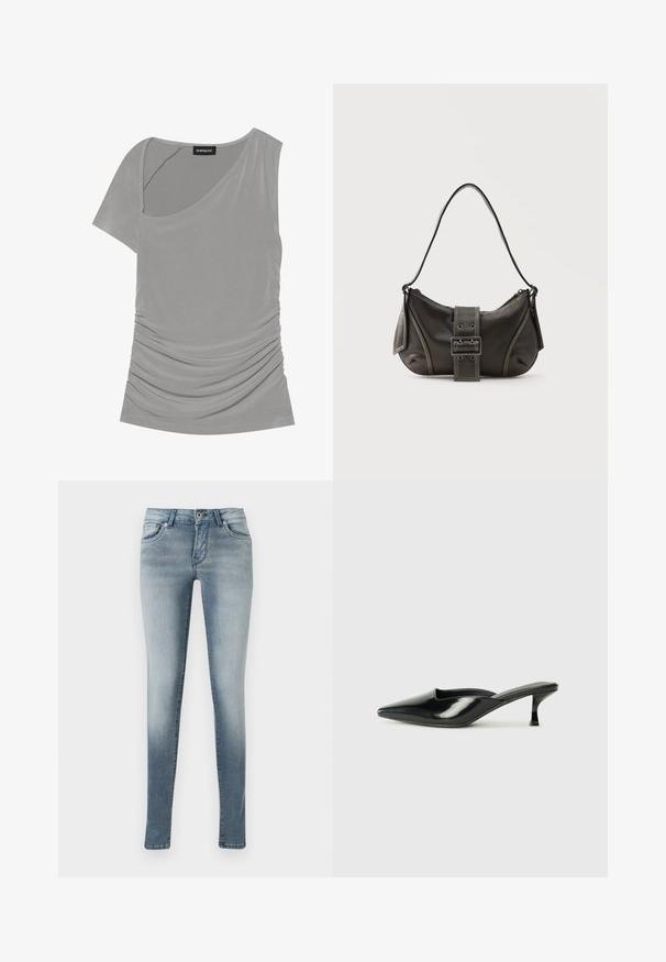 Grå kortærmet top med asymmetrisk design, samlet tekstur på siden og rund halsudskæring. Fremstillet af blødt, strækbart materiale.; Lyseblå skinny jeans lavet af denim, med fem-lomme design, knap- og lynlåslukning, samt en let falmeffekt på benene.; Sorte patenterede lædermules med spids tå, lav kittenheel og buede sider, der har en glansfuld finish og minimalistisk design.; Sort læder skuldertaske med spænde på remmen, afrundede kanter og kontrasterende hvide syninger på en ensfarvet baggrund.