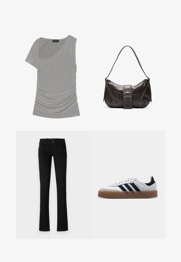 Grå kortærmet top med asymmetrisk design, samlet tekstur på siden og rund halsudskæring. Fremstillet af blødt, strækbart materiale.; Sort slim-fit jeans med to frontlommer, bæltestropper og dobbelt knaplukning, præsenteret på en ensfarvet hvid baggrund.; Hvide lædersneakers med sorte striber, gummirubber sål, rund tå, snørelukning og blød grå ruskinds tåhætte.; Brun læder skuldertaske med en buet form, der har et fremtrædende spænde, kontrasterende syninger og en enkelt skulderrem.