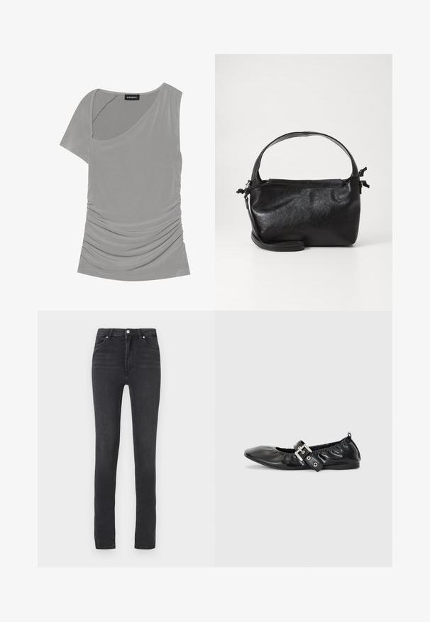 Grijze top met korte mouwen en een asymmetrisch ontwerp, gerimpelde textuur aan de zijkant en een ronde halslijn. Gemaakt van zacht, rekbaar materiaal.; Zwarte skinny jeans met hoge taille, gemaakt van stretchdenim, met riemlussen, minimaal stiksels en een klassiek vijf-pocket ontwerp.; Zwarte leren platte schoen met een spitse neus, geplooide details rond de opening en een zilveren gespaccentueerde verstelbare band.; Zwarte leren handtas met een gestructureerd ontwerp, een ronde bovenhandgreep en een afneembare schouderriem. Beschikt over een gladde textuur en een subtiele glans.