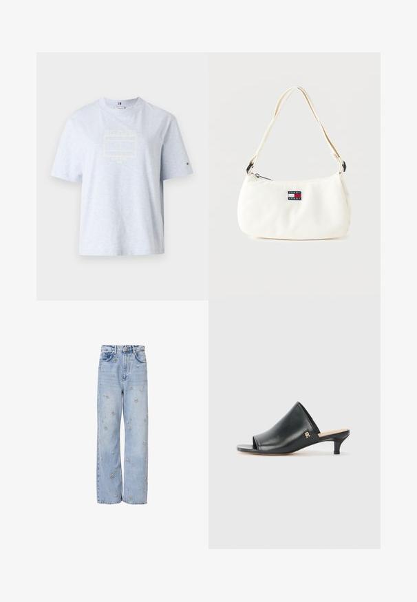Lyseblå bomulds T-shirt med korte ærmer, prydet med hvidt broderet logo og årstal. Løs pasform, rund halsudskæring.; Lystblå denimjeans med afslappet pasform, prydet med sølvfarvet blomsterbroderi hele vejen rundt og standard fem-lomme design.; Sorte læder open-toe mules med en lav hæl. Har en glat overflade og et guld logo-prim på siden.; Hvid skuldertaske med justerbar rem og Tommy Jeans logo patch foran, mod en ensfarvet baggrund.