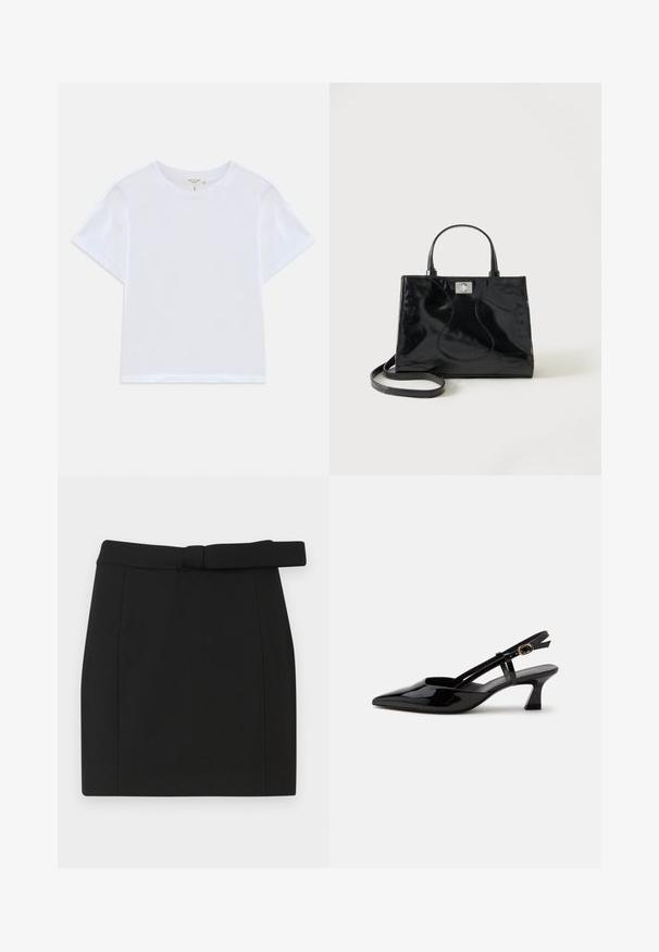 Witte cropped t-shirt van zacht katoen, met een ronde hals en korte mouwen in een iets ontspannen pasvorm. Geen patronen of accenten.; Zwarte minirok van gladde stof, met een riem in de taille, rechte snit en strakke naden zonder extra patronen of versieringen.; Zwarte lakleren slingback kitten heel schoen met spitse neus en verstelbare gouden gespsluiting op een witte achtergrond.; Zwarte handtas van lakleer met afgeronde handgrepen, een afneembare schouderriem en zilveren sluiting op een effen witte achtergrond.