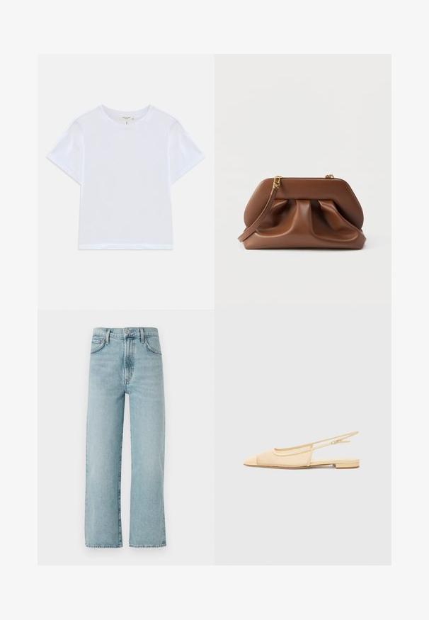 Hvid cropped t-shirt lavet af blødt bomuld, med rund hals og korte ærmer og en let løs pasform. Ingen mønstre eller accenter.; Lyst blå lige ben jeans lavet af denim, med højTalje, en frontknaplukning og subtile falmninger på stoffet.; Slingback fladsko i lys beige med en mesh-overdel, spids tå og en lav hæl. Har en justerbar strop for bedre pasform.; Brun clutchtaske i læder med rynket design, guldfarvet hardware og aftagelig håndledsrem på hvid baggrund.