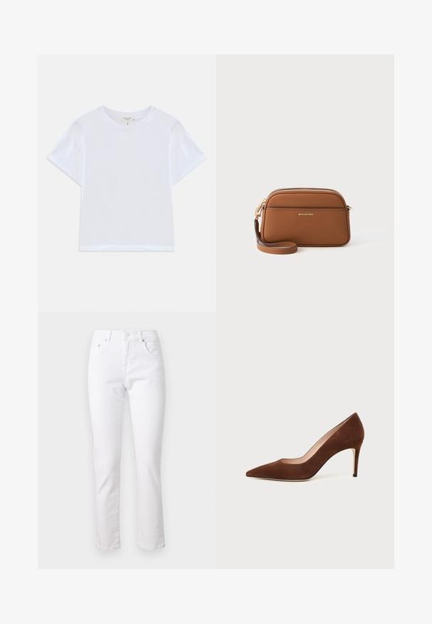 Hvid cropped t-shirt lavet af blødt bomuld, med rund hals og korte ærmer og en let løs pasform. Ingen mønstre eller accenter.; Hvide denimjeans med lige ben, fem-lomme design og metalknaplukning, der har en glat tekstur og minimal syning.; Brun ruskindspids-stilet sko med slank stiletthæl på hvid baggrund.; Brun læder crossbody taske med guldfarvet hardware, lynlås lukning og justerbar rem. Har et minimalistisk design og prægede logo.