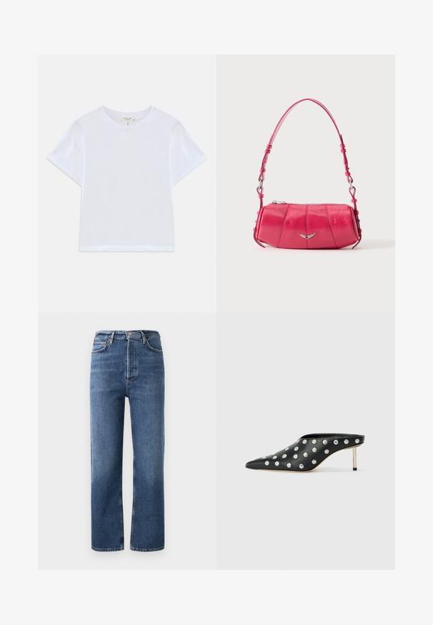 T-shirt blanc court en coton doux, avec un col rond et des manches courtes, d'ajustement légèrement décontracté. Pas de motifs ni d'accents.; Jeans taille haute en denim bleu, avec une coupe droite, cinq poches et des détails en métal cuivré. Texture lisse et design classique.; STAND STUDIO KELSEY - Mules à talons - black; Petit sac à bandoulière en cuir rose brillant avec emblème d’aile argenté et bandoulière réglable, fermeture éclair sur le dessus, présenté sur fond blanc.