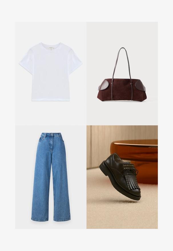 Witte cropped t-shirt van zacht katoen, met een ronde hals en korte mouwen in een iets ontspannen pasvorm. Geen patronen of accenten.; Lichtblauwe wijde jeans van denim, met een hoge taille, vijf-pocket ontwerp en een metalen knoopsluiting aan de voorkant.; Zwarte lederen veterlaars met decoratieve franjes en metalen studs geplaatst op een beige tapijt nabij bruin meubilair.; Bruine suède tas met leren accenten, gestructureerde vorm, dubbele schouderbanden en ronde randen, met een gladde textuur en minimale hardware.