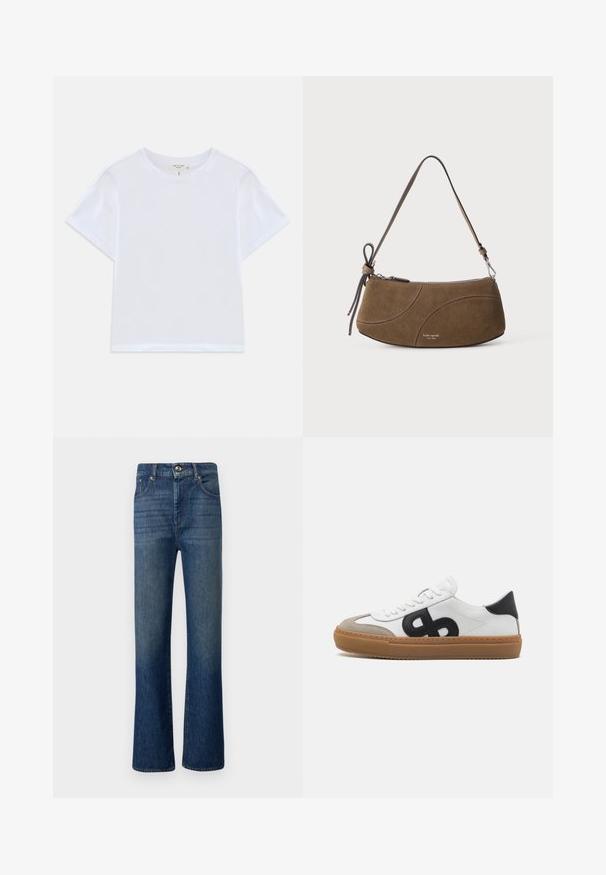 T-shirt blanc court en coton doux, avec un col rond et des manches courtes, d'ajustement légèrement décontracté. Pas de motifs ni d'accents.; Jean en denim bleu foncé, avec une taille haute et des jambes évasées. Texture lisse avec un léger délavage, cinq poches et fermeture avec un bouton en métal.; Sneaker en cuir blanc avec logo noir, accents en suède et semelle en gomme. Équipé de lacets blancs plats et d'un design à bout rond.; Sac à bandoulière en daim marron avec une sangle courte, une fermeture éclair et des détails de couture courbes subtils.