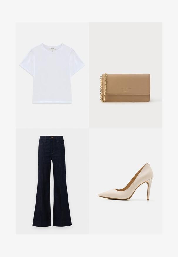 T-shirt blanc court en coton doux, avec un col rond et des manches courtes, d'ajustement légèrement décontracté. Pas de motifs ni d'accents.; Jean flare en denim bleu foncé avec une taille haute, des poches avant et des coutures visibles. Le tissu a une texture lisse et une forme structurée.; Escarpin beige à talon haut, à bout pointu, finition en cuir lisse, talon stiletto mince, design minimaliste avec un détail arrière subtil.; Portefeuille en cuir beige à rabat, avec une bandoulière chaîne dorée et un logo embossé sur le devant. Texture lisse, forme rectangulaire.