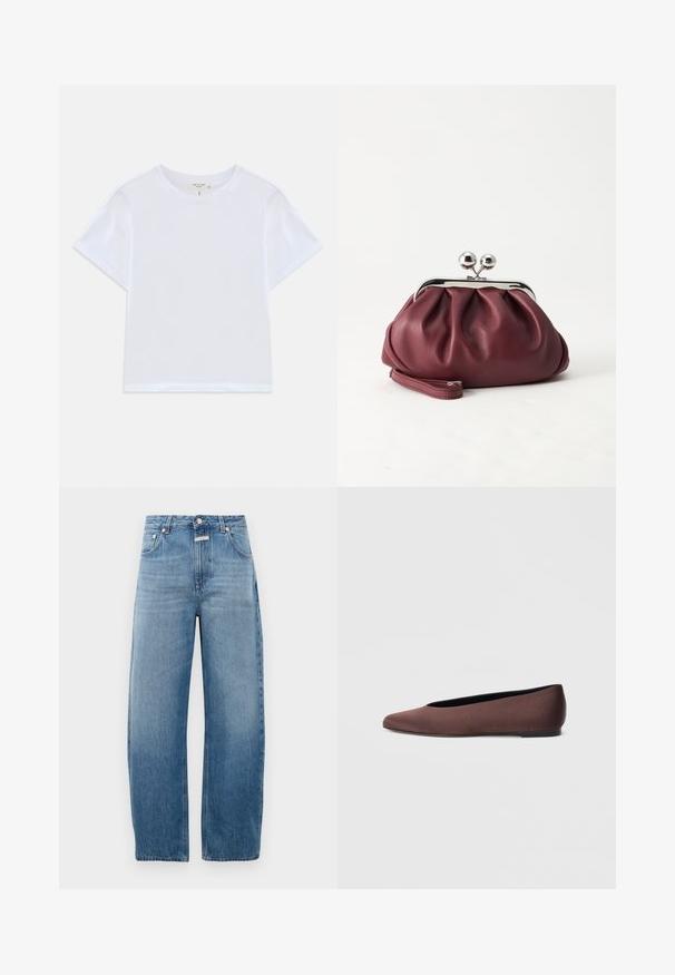 Hvid cropped t-shirt lavet af blødt bomuld, med rund hals og korte ærmer og en let løs pasform. Ingen mønstre eller accenter.; Lysblå denim jeans, højtaljet, med lige ben. Har klassisk fem-lomme design og metalknaplukning.; Brune balletflade sko i stof med spids tå og glat tekstur, med lav hælkappe og tynd sort sål. Ingen synlige mønstre eller beslag.; Lille bordeauxlæder clutch-pung med sølv metal lukning og håndledsrem på hvid baggrund.